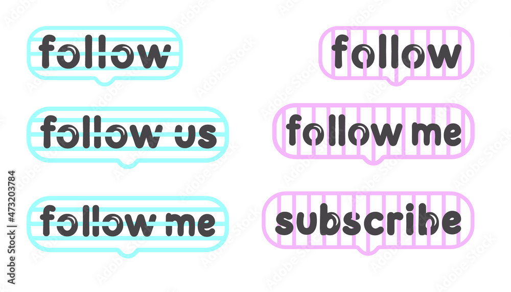 Black text follow us, subscribe, follow with blue and pink buttons isolated on white background. Button icon. Concept of promotion in social networks, attracting subscribers. Vector. Black text follow us, subscribe, follow with blue and pink buttons isolated on white background. Button icon. Concept of promotion in social networks, attracting subscribers. Vector.