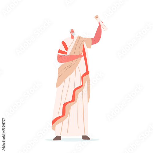 Roman Man in Historical Costume with Scroll in Hand, Philosopher or Ruler Male Character Wear Traditional Clothes
