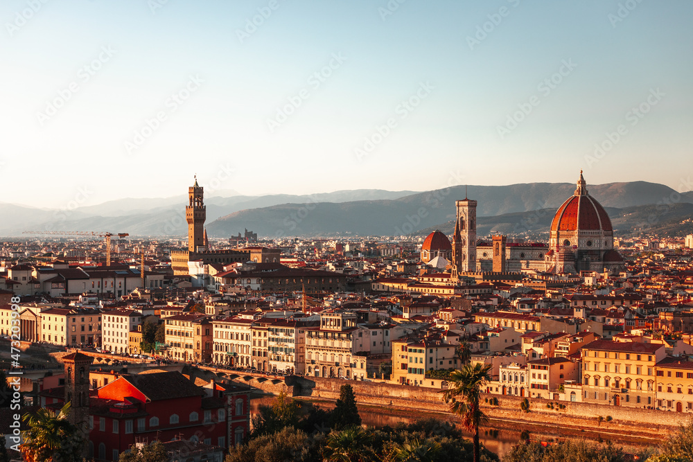 High panorama above Firenze with the Arno river in the Tuscany, Italy.