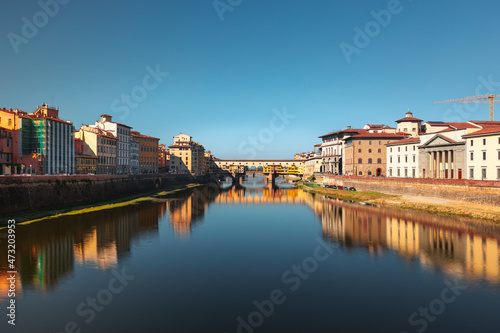 View of the "Ponte Vecchio" (Vecchio Bridge) above Arno river in Firenze, Tuscany, Italy.