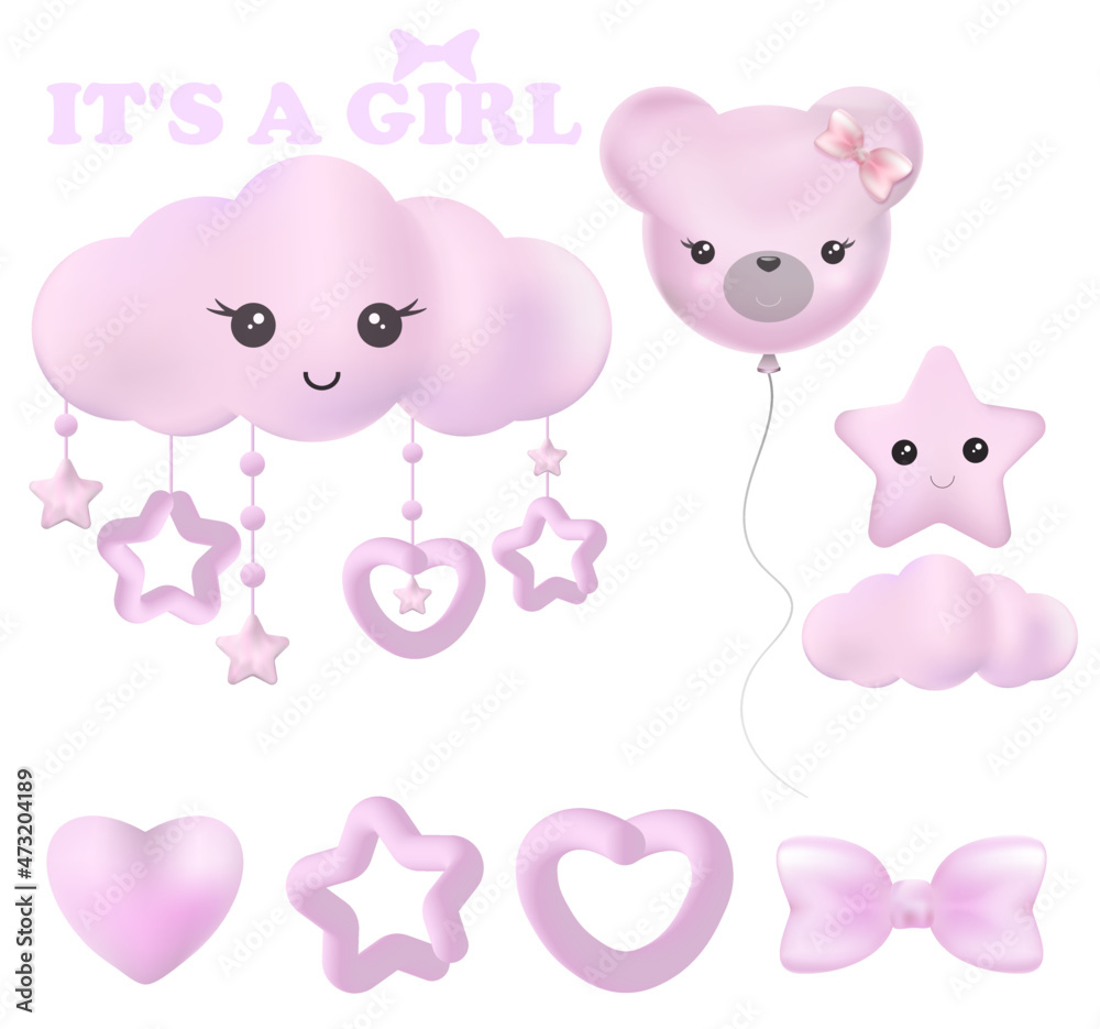 Set of baby shower or birthday cartoon elements star, bear, balloon. It's a boy. It's a girl. Vector illustration Set of baby shower or birthday cartoon elements star, bear, balloon. It's a boy. It's a girl. Vector illustration