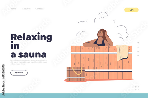Relaxing in sauna concept of landing page with young woman enjoy hot stream spa in finnish sauna