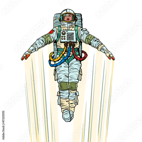 A female astronaut is flying upwards at high speed, like a rocket or an airplane. She opened her hands, followed by a reversible trail. Science and Astronautics