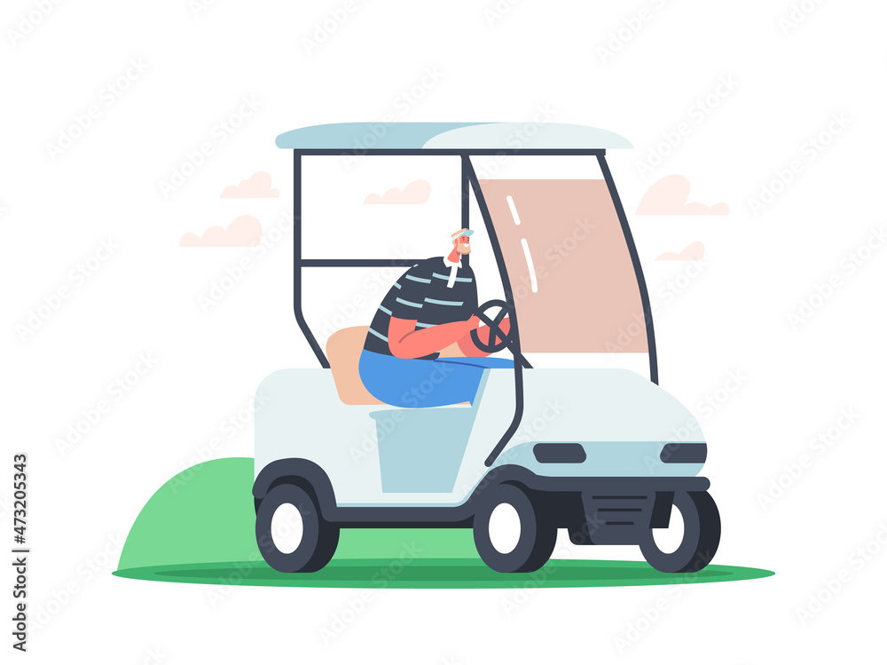 Happy Senior Smiling Man a Driving Golf Cart Across Green Isolated on White Background. Golf Player Character Sport Happy Senior Smiling Man a Driving Golf Cart Across Green Isolated on White Background. Golf Player Character Sport