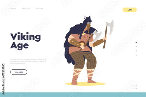 Viking age concept of landing page with old norwegian warrior hold axes dressed in medieval clothes