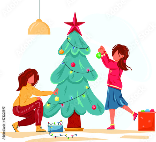 two girls decorating Christmas tree. Preparing and  celebrating New Year holidays together. Vector illustration cartoon style