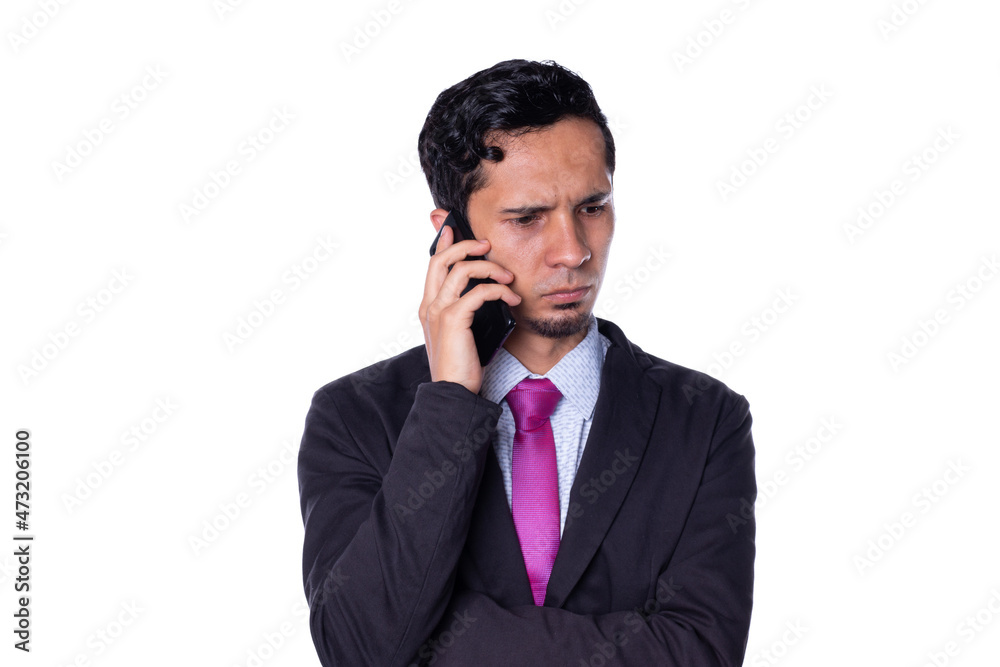 Elegant man talking on the phone with serious expression, isolated on white background. Elegant man talking on the phone with serious expression, isolated on white background.