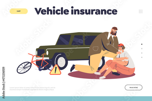 Vehicle insurance concept of landing page with car accident with bicycle on road