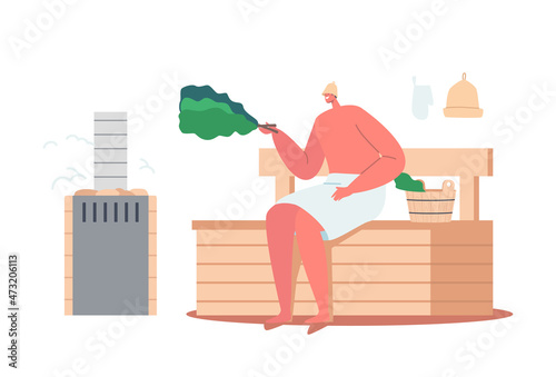 Sauna Spa Water Procedure, Wellness, Hygiene, Relaxation, Body Care Therapy. Man Sitting on Wooden Bench in Steam Room