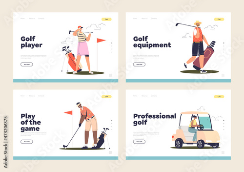 Professional golf and equipment concept of landing pages set with people golfers playing golf