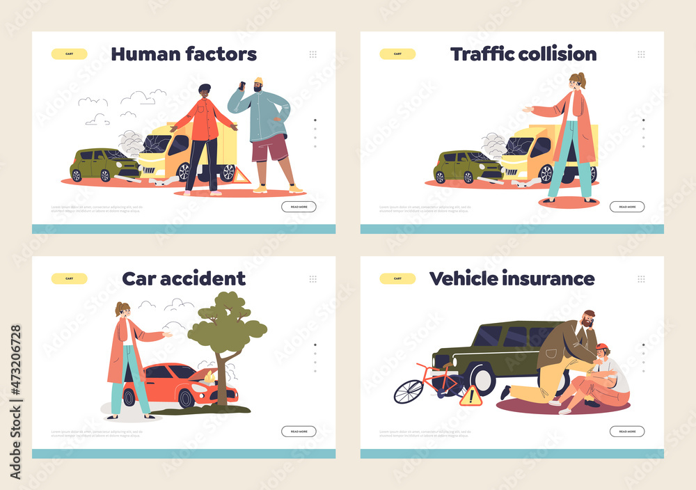 Car accident crash concept of landing pages set with scenes of collision with owners Car accident crash concept of landing pages set with scenes of collision with owners