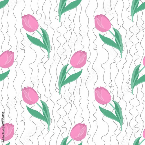 Seamless vector background with tulips. Floral spring background for bed print and for printing on wallpaper  notebooks. Cute background with flowers for girls