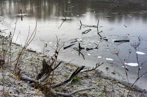 Garbage on a frozen lake  an environmental problem.