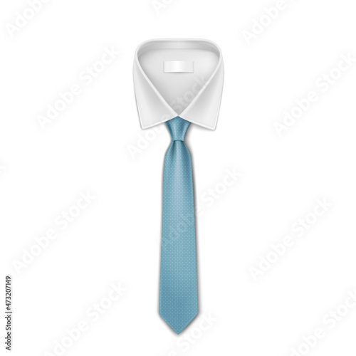 Blue tie on white shirt. Realistic necktie, formal silk cravat. Formal wear suit element