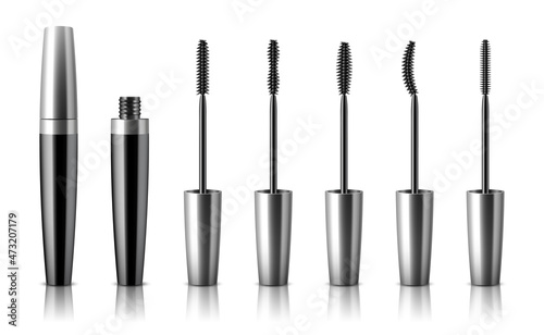 Mascara tube and wand applicators set. Cosmetic bottle with eyelash brush. Makeup cosmetics