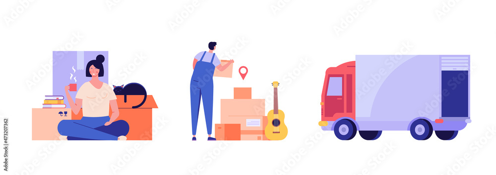 People are helping to move to a new home. Concept of moving service, new house, apartment. Movers moving in new home. Vector illustration for Web Design