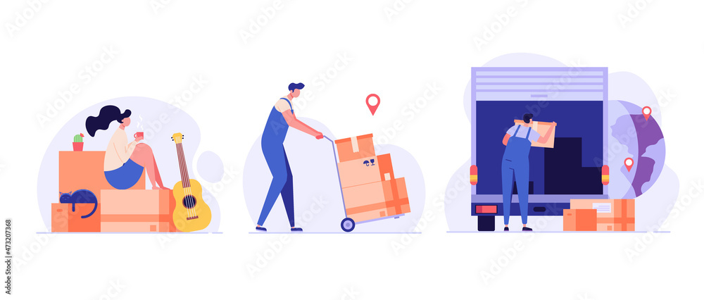 People are helping to move to a new home. Concept of moving service, new house, apartment. Movers moving in new home. Vector illustration for Web Design People are helping to move to a new home. Concept of moving service, new house, apartment. Movers moving in new home. Vector illustration for Web Design