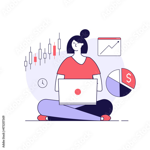 Woman successfully invests. Concept of return on investment, financial solutions, passive income, investment strategy, lucky speculation. Vector illustration in flat design for web banner