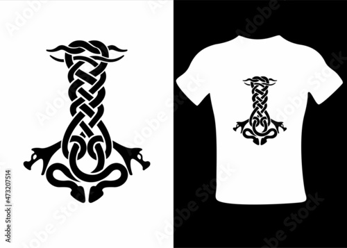 Jormungandr Thor s hammer Mjolnir Celtic knot, Scandinavian viking style ornament. Isolated vector illustration. T-shirt design hand drawing. photo