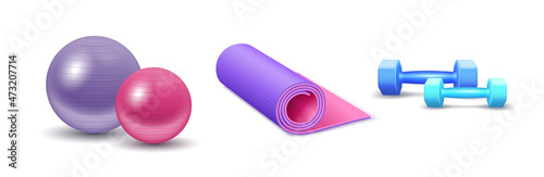 Fitness exercise equipment realistic set: mat for yoga, fit ball and weights for workout training