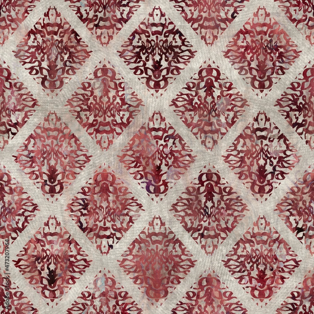 Seamless tribal ethnic damask rug motif for surface pattern design and print. High quality illustration. Grungy trendy boho design in red and textured cream. Resembles indian mehndi henna. Diamond geo