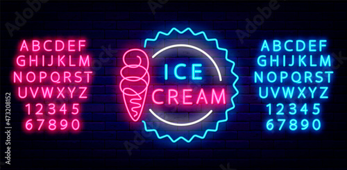 Ice cream cone neon sign with shiny alphabet. Candy shop emblem. Summer dessert. Isolated vector illustration
