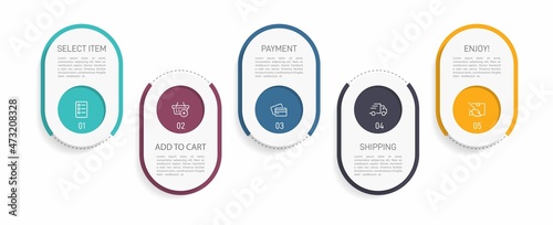 Concept of shopping process with 5 successive steps. Five colorful graphic elements. Timeline design for brochure, presentation, web site. Infographic design layout.