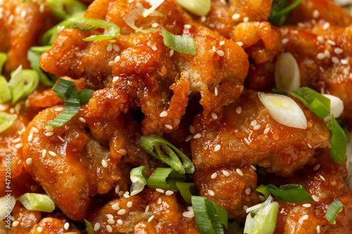Asian crispy sweet sesame chicken with basmati, wild rice and spring onion.