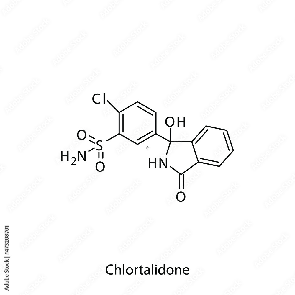 Chlortalidone molecular structure, flat skeletal chemical formula. Thiazide like diuretic drug used to treat Edema, liver cirrhosis, renal disease. Vector illustration. Chlortalidone molecular structure, flat skeletal chemical formula. Thiazide like diuretic drug used to treat Edema, liver cirrhosis, renal disease. Vector illustration.