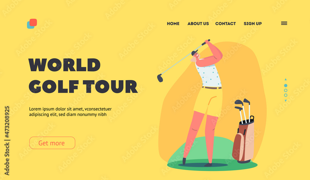 World Golf Tour Landing Page Template. Golfer Girl Training before Competition, Sporty Female Character Hit Long Shot
