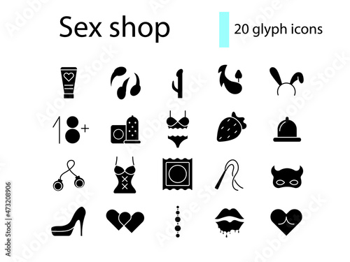 Sex shop goods glyph icons set. Strawberry and hearts. Whip and lips. Erotic accessories. Isolated vector illustration