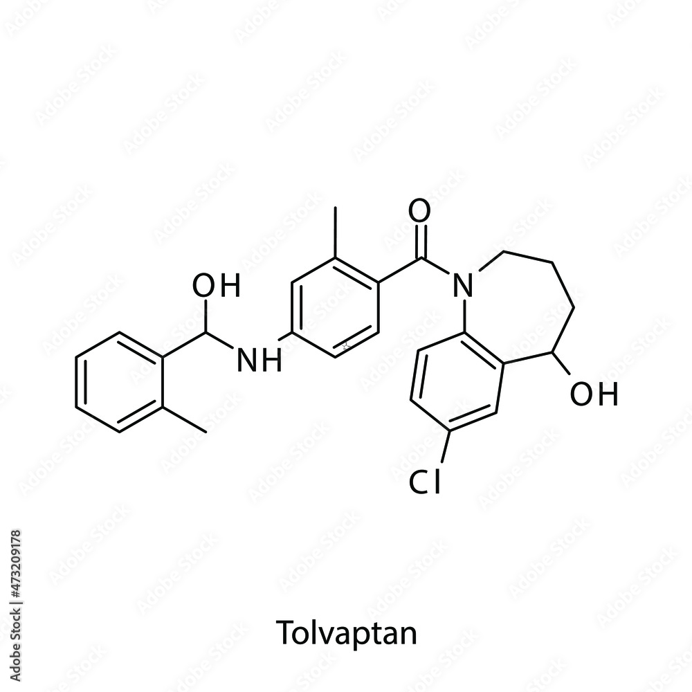 Tolvaptan molecular structure, flat skeletal chemical formula. Vasopressin antagonist drug used to treat Hyponatremia, SIADH. Vector illustration.