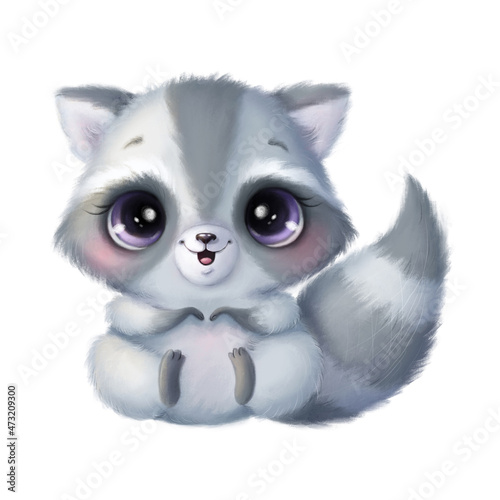 Illustration of a cute cartoon raccoon isolated on a white background. Cute cartoon animals.