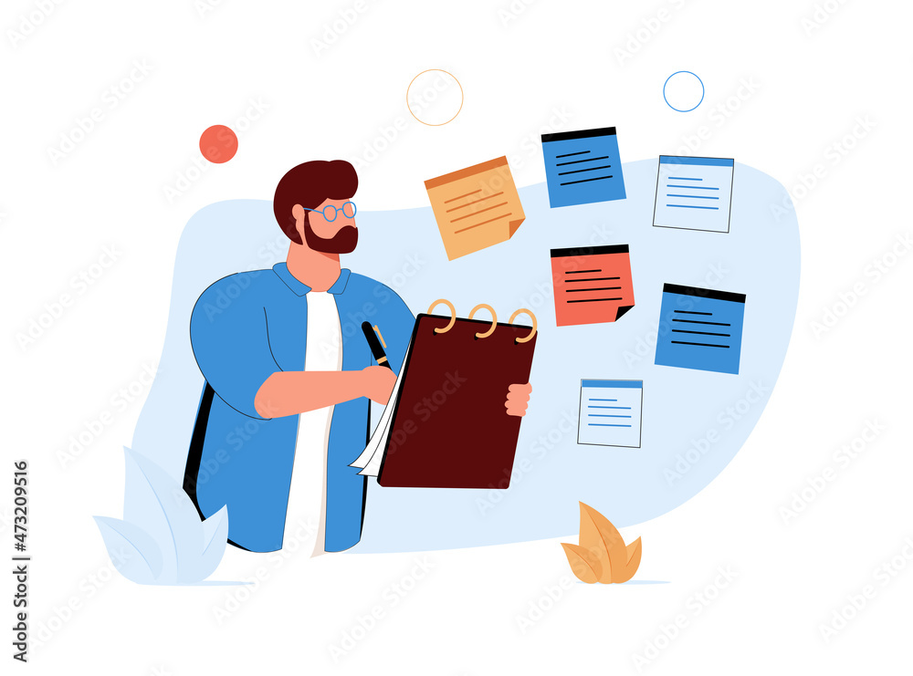 Cute cartoon man writing notes, write on sticky notes develop the business  project in the office, brainstorming engaged. Stock Vector | Adobe Stock