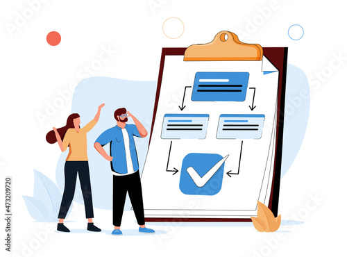 Procedure as work flow process steps scheme document tiny person concept. Strategy and task checklist regulation.