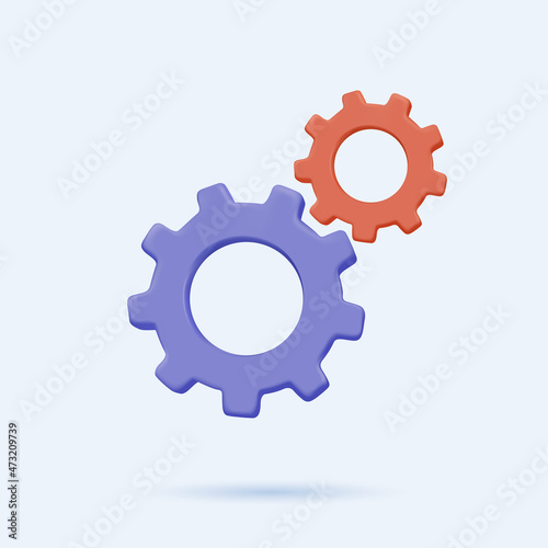 3D Gear icon vector. Metal gears and cogs vector. Gear icon flat design. Mechanism wheels logo. Cogwheel concept template. Settings, process, progress business icon. 3D icon free to edit. UI symbol. photo