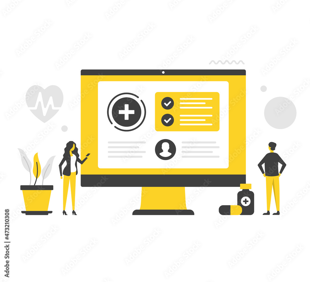 Digital health. People and computer with healthcare website. Flat vector illustration. Medical technology, online medical resources, internet doctor. Modern concepts. Flat design
