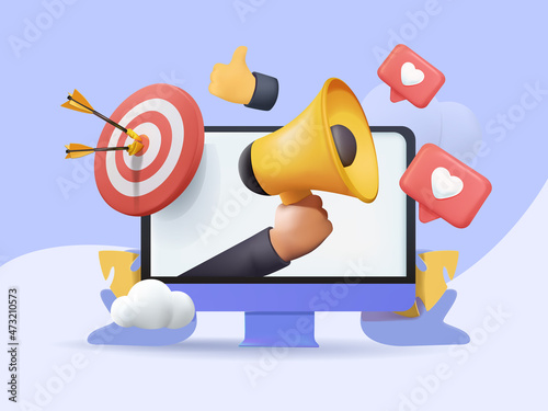 Digital social marketing. Computer with social network interface. Hand holds a megaphone. Search and attraction of target audience, new subscribers. Social network promotion. Vector illustration 3D
