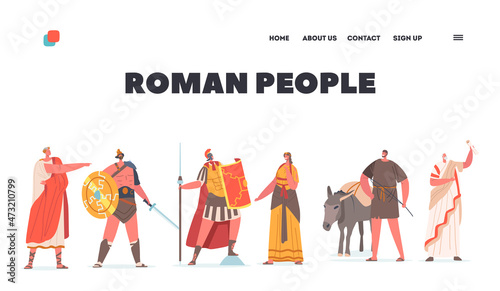 Roman People Landing Page Template. Ancient Rome Citizen Male Female Character in Tunic and Sandals Historical Costumes