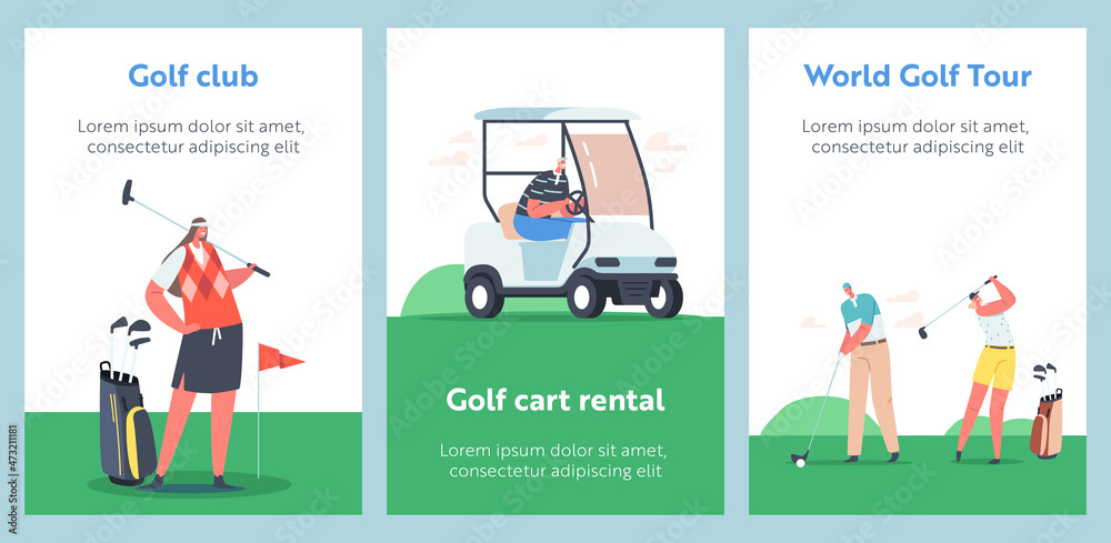 Cartoon Posters with Men and Women Golf Players in Sport Uniform Holding Clubs on Course. Golf Cart Rental, World Tour