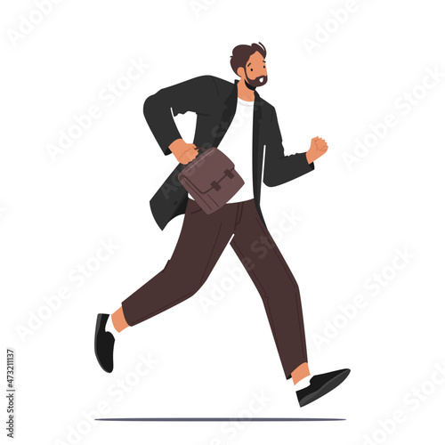 Businessman with Bag Run, Stress Work Situation Concept. Business Character Late in Office, Anxious Businessman Hurry