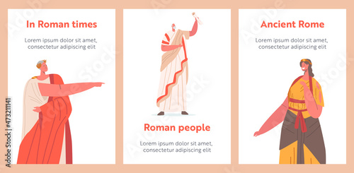Ancient Rome Citizen Cartoon Posters. Male Female Character in Tunic and Sandals Historical Costumes, Gladiator, Orator