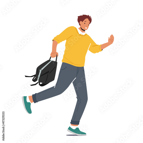 Student Character Late in University, Anxious Young Man with Bag in Hand Hurry at Class due to Oversleep or Traffic Jam