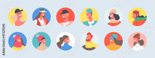 Set of People Avatars for Social Media Profiles. Male and Female Characters in Winter Clothes, Hats and Scarves, Courier