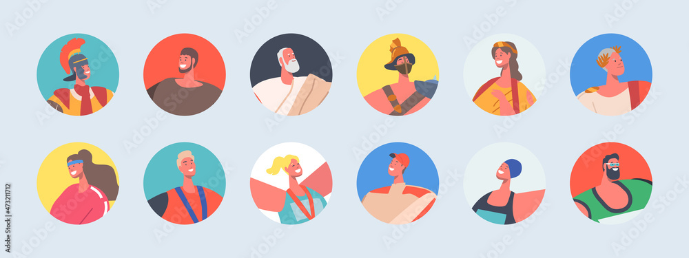Set People Avatars, Male and Female Characters Sportsmen, Greek Ancient Personages with Different Appearance, Portraits Set People Avatars, Male and Female Characters Sportsmen, Greek Ancient Personages with Different Appearance, Portraits
