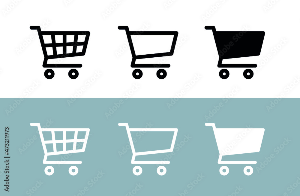 Shopping cart icons set. Supermarket shopping basket design. Food cart. Purchase symbol. Isolated vector image on white background. - obrazy, fototapety, plakaty 