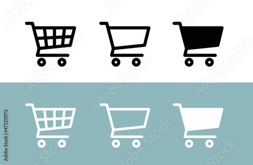 Shopping cart icons set. Supermarket shopping basket design. Food cart. Purchase symbol. Isolated vector image on white background.