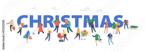 Christmas Concept. Happy People Carry Gift Boxes in Hands and Shopping Cart Buying Presents on Fair. Characters Hurry
