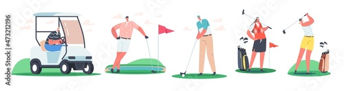 Set of Men and Women Golf Players in Sport Uniform Holding Clubs on Playing Course Isolated on White Background