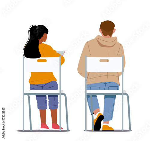 Lecture Participants Sitting on Chairs Back View, People Writing Notes, Listen Lecture. Young Students Rear View